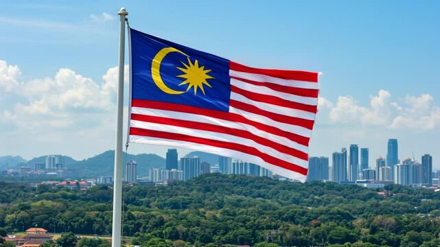 Malaysian flag fluttering against a vibrant skyline, surrounded by lush greenery, symbolizing unity, diversity, and national pride in a modern setting