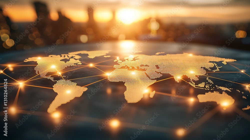 Poster global network connection world map sunset business background