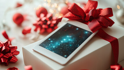 Tablet in white gift box with red bow and ribbons