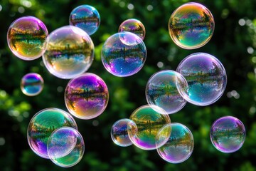 Bubbles drift through the air, set against a backdrop of trees and nature.