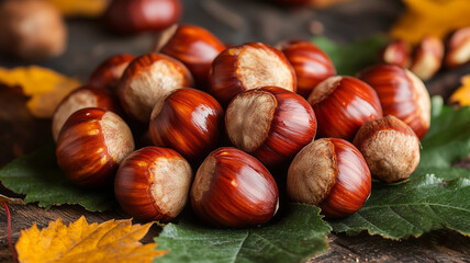 Many peeled chestnuts lie on green leaves