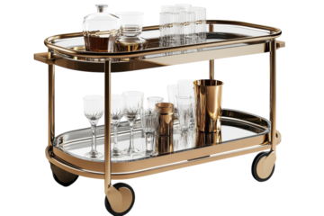Elegant modern bar cart showcasing a collection of glassware and beverages at a stylish home setting