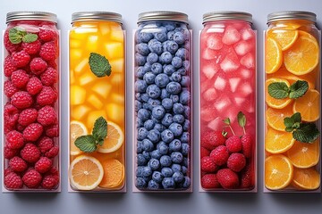 Vibrant fruit display in clear jars for promotional flyer design