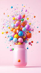 Colorful balls exploding from pink jar on pink background