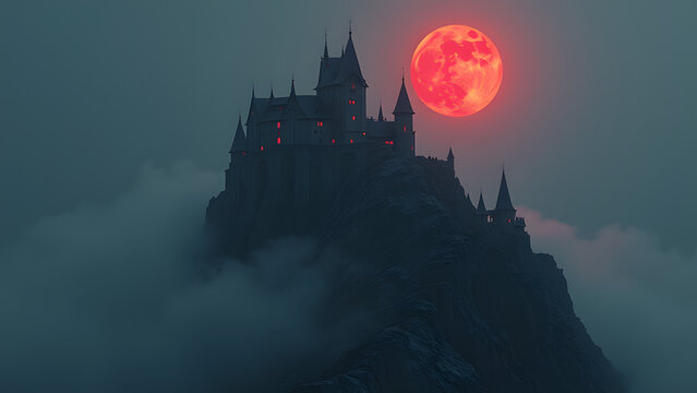 dark castle on mountain with glowing red moon in background