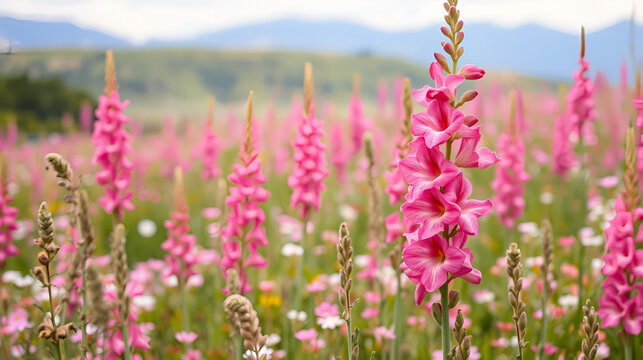 pink flowers nature background gladioli, delicate pastel colors, landscape field of flowers