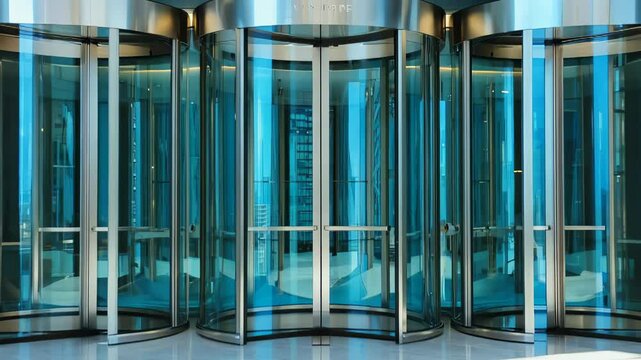 Modern revolving glass doors in motion: sophisticated urban entrance welcoming new corporate career joiners