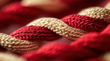 A detailed view of a red and white rope showcasing a tightly tied knot.