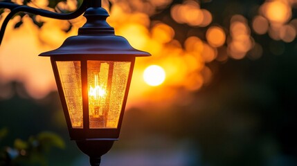 Sunset garden lamp illuminates dusk bokeh