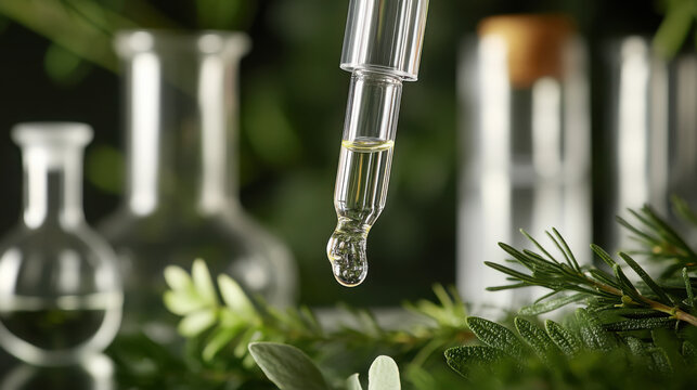 Retinol serum dropper with droplet on greenery background for skincare concept