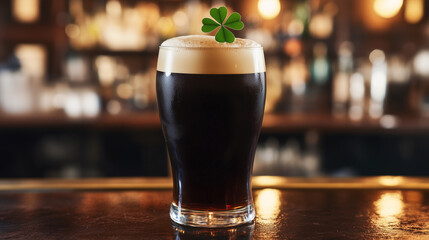 Traditional Irish Stout with Four-Leaf Clover Garnish on Pub Bar