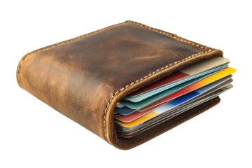 Brown leather wallet with various credit and ID cards displayed, showcasing wear and use over time