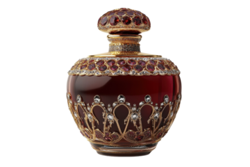 Intricate glass bottle with ruby accents and ornate design showcased on a simple background