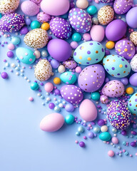 Colorful Easter eggs scattered on blue background, festive holiday theme