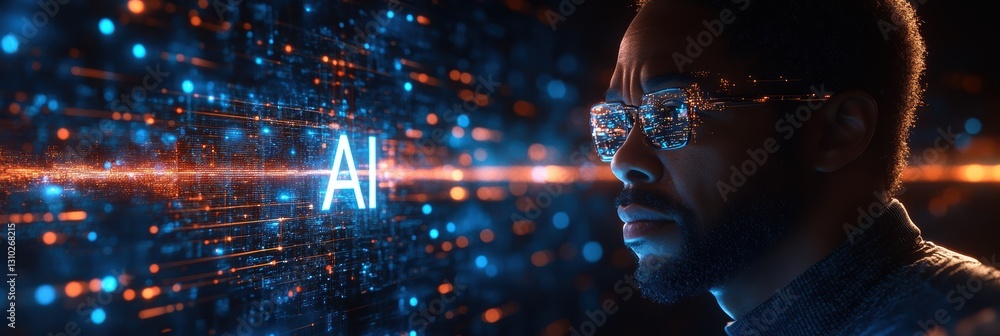 Poster exploring artificial intelligence concepts with a man on a dark blue background