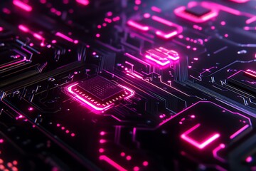 Intricate Circuit Board Design with Pink Glow