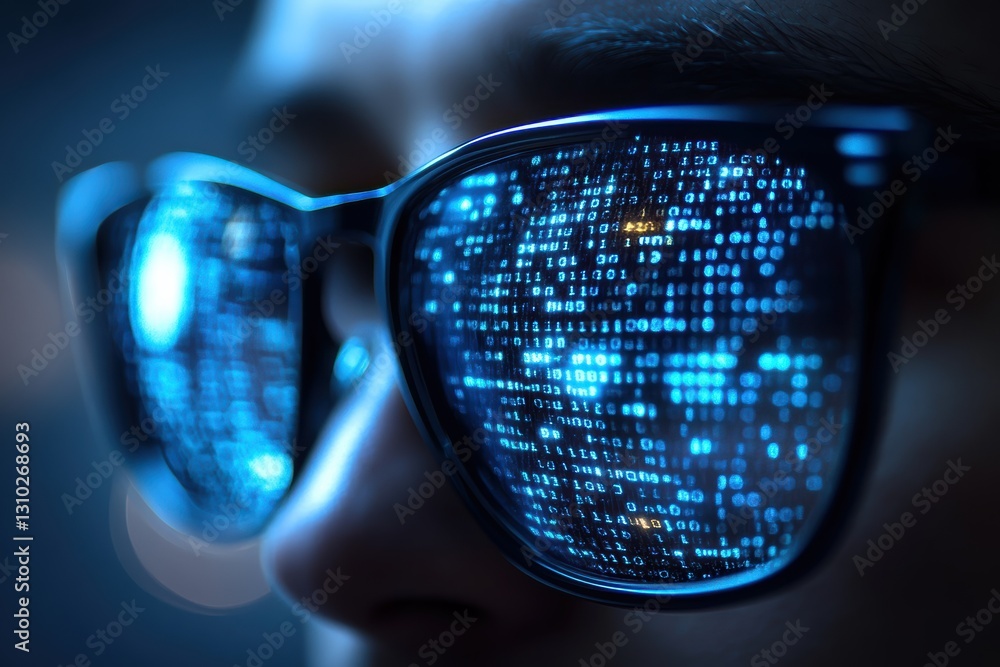 Poster reflections of code on a programmer's glasses during a late-night coding session