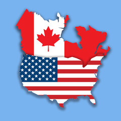 Canada and USA map made with flags cut out on blue background with drop shadow effect.