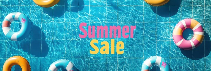 Colorful summer sale poster with pool floats promoting seasonal discounts