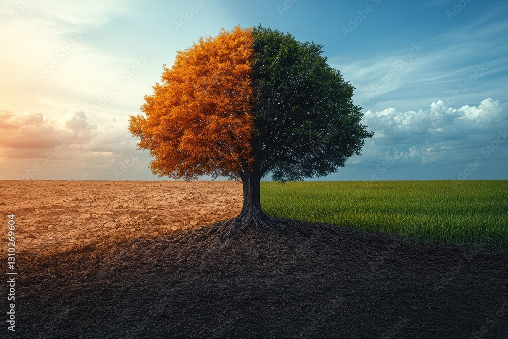 Poster split tree showcasing contrasting landscapes of drought and lushness in a single frame