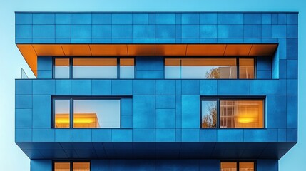 Modern blue building facade with illuminated windows and balconies at dusk.