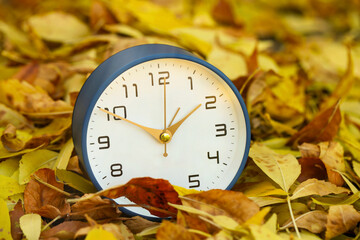 Autumn time. Alarm clock on fallen leaves, closeup