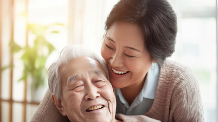Heartwarming interaction between caregiver and elderly person in comforting studio setting
