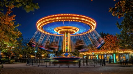 A brightly lit giraffe ride in a park during the night, creating a magical atmosphere.