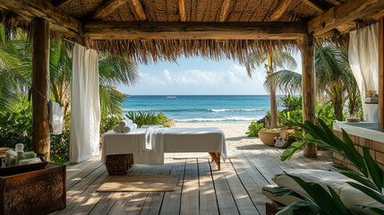 Serene beachside spa setting with ocean view and tropical ambiance in a cozy retreat during daytime hours