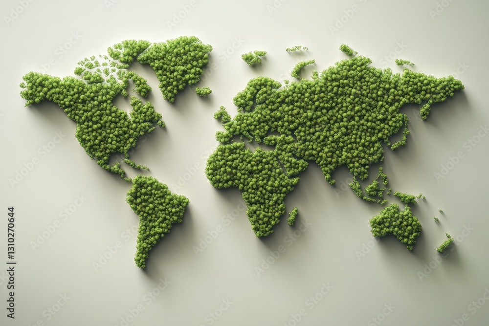 Poster world map created from green tree-like patterns representing nature and sustainability