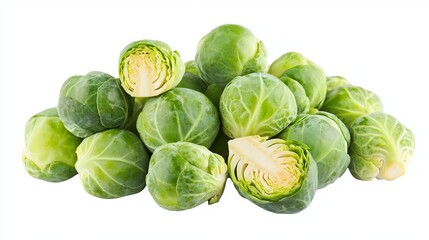 Fototapeta premium Fresh Green Brussels Sprouts Vegetable Pile Isolated Healthy Food Cooking Ingredient Dietary Fiber Vitamins Organic Nutrition Rich Delicious Tasty 