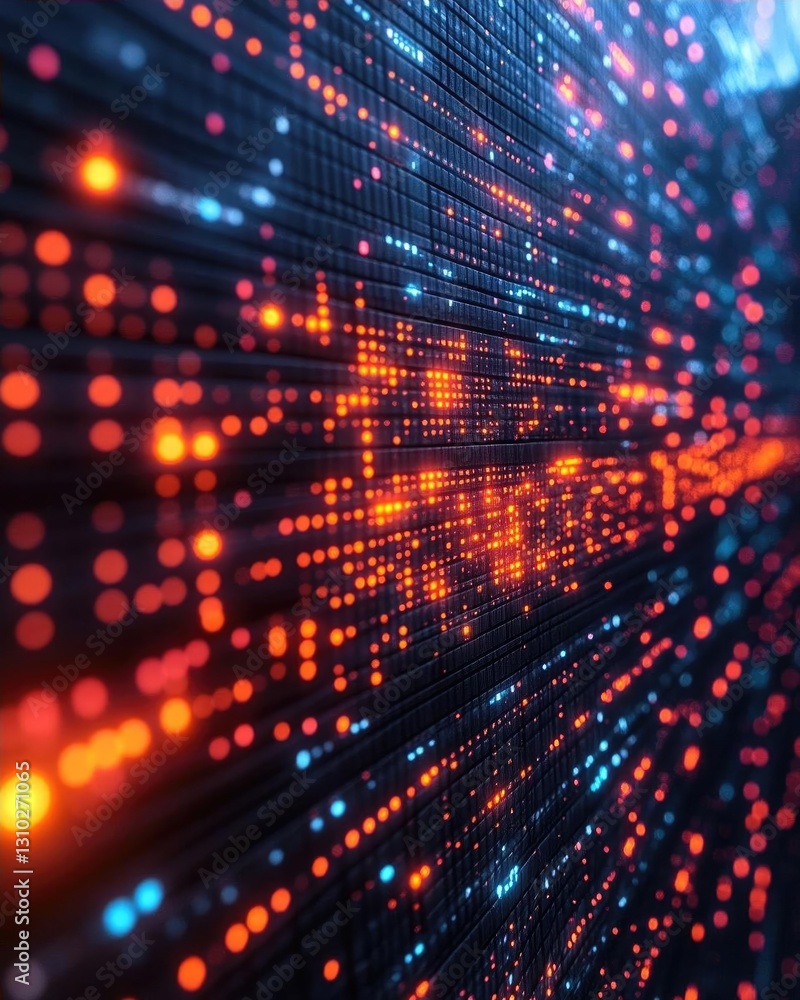 Poster abstract representation of digital data flow with vibrant colors and glowing particles in motion
