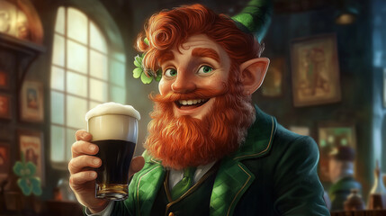 Cheerful Leprechaun Character Enjoying Stout Beer in Irish Pub