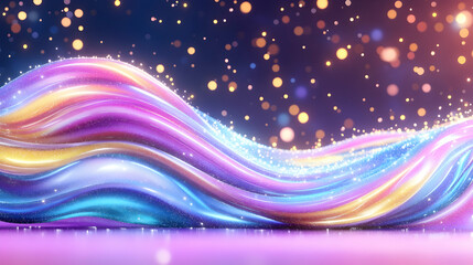 Obraz premium Colorful wave with glittering particles on shiny surface against bokeh background