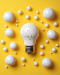 Creative arrangement of a light bulb with smiley face surrounded by white spheres on yellow backdrop