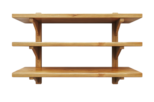 Wooden shelving unit designed with three levels ideal for storage and display in modern interiors or rustic homes