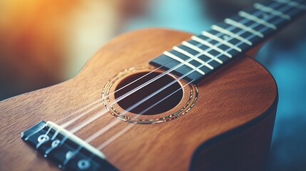 Obraz premium Ukulele close-up, indoors, sunlit background, music