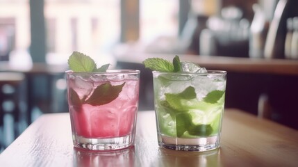 Refreshing cocktails on a bar table