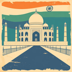 Artistic illustration with the Indian national flag as a vibrant background, highlighting the iconic monument and the country's cultural pride. a subtle grain, scratches, grunge style