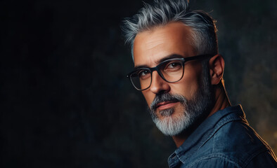 Obraz premium Portrait of Middle-Aged Man with Gray Hair, Beard, and Glasses