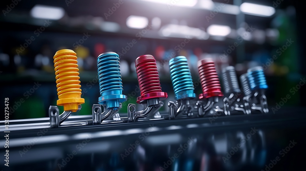 Poster colorful mechanical components arranged in a workshop setting, showcasing precision engineering