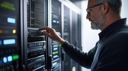 Fototapeta premium Digital consultant demonstrating advanced security solutions in a modern data center