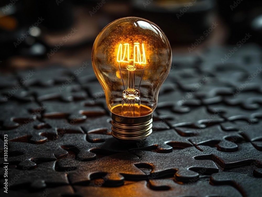 Poster glowing light bulb illuminating a dark puzzle background, symbolizing creativity and problem-solving