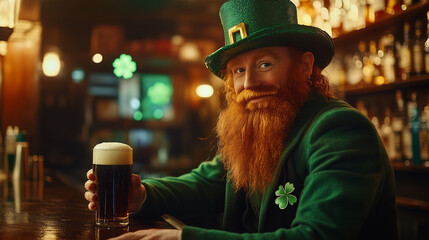 Redheaded Man in Green Celebrating with Irish Stout in Pub