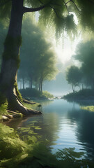 Serene Forest Stream - A peaceful stream flowing through a lush green forest, capturing the tranquil beauty of nature with soft sunlight filtering through the trees.
