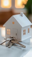Symbolizing home ownership miniature house and keys on marble