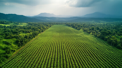 Fototapeta premium Lush green agricultural landscape featuring rows of crops with mountains in the background under a cloudy sky