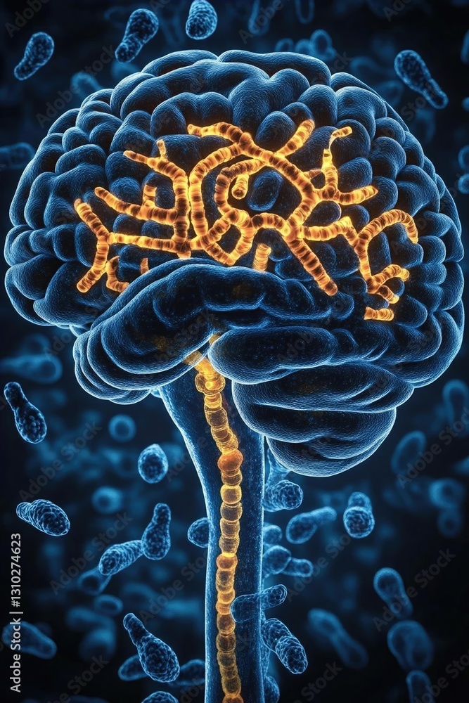 Poster intricate depiction of a brain interconnected with glowing neurons and microorganisms in a dark back