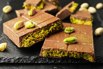 Pieces of Dubai chocolate bars with pistachios and knafeh on grey table, closeup