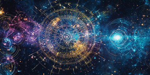 Sacred geometry, cosmic energy, and astrology symbols blend in a mystical universe. Celestial maps, star alignments, and divine patterns reveal the hidden secrets of the cosmos